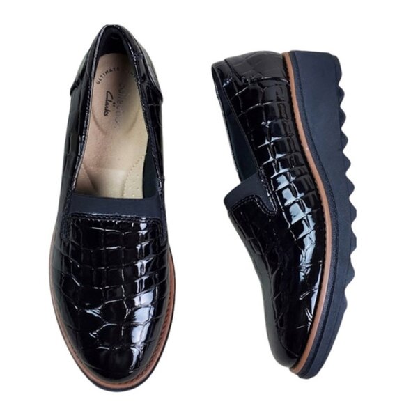 NEW Clarks Collection Sharon Dolly Croc Patent Leather Black Slip On Shoes Sz 9 - Picture 1 of 5